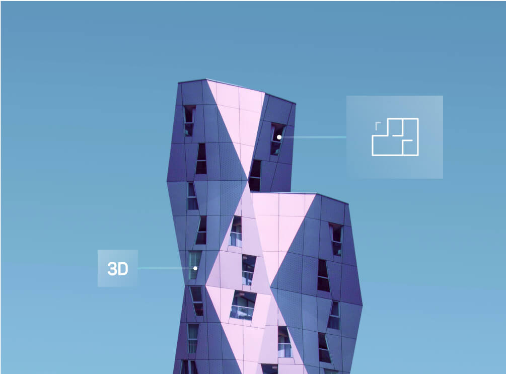 Prédio com design diferenciado escrito 3d em uma etiqueta visual